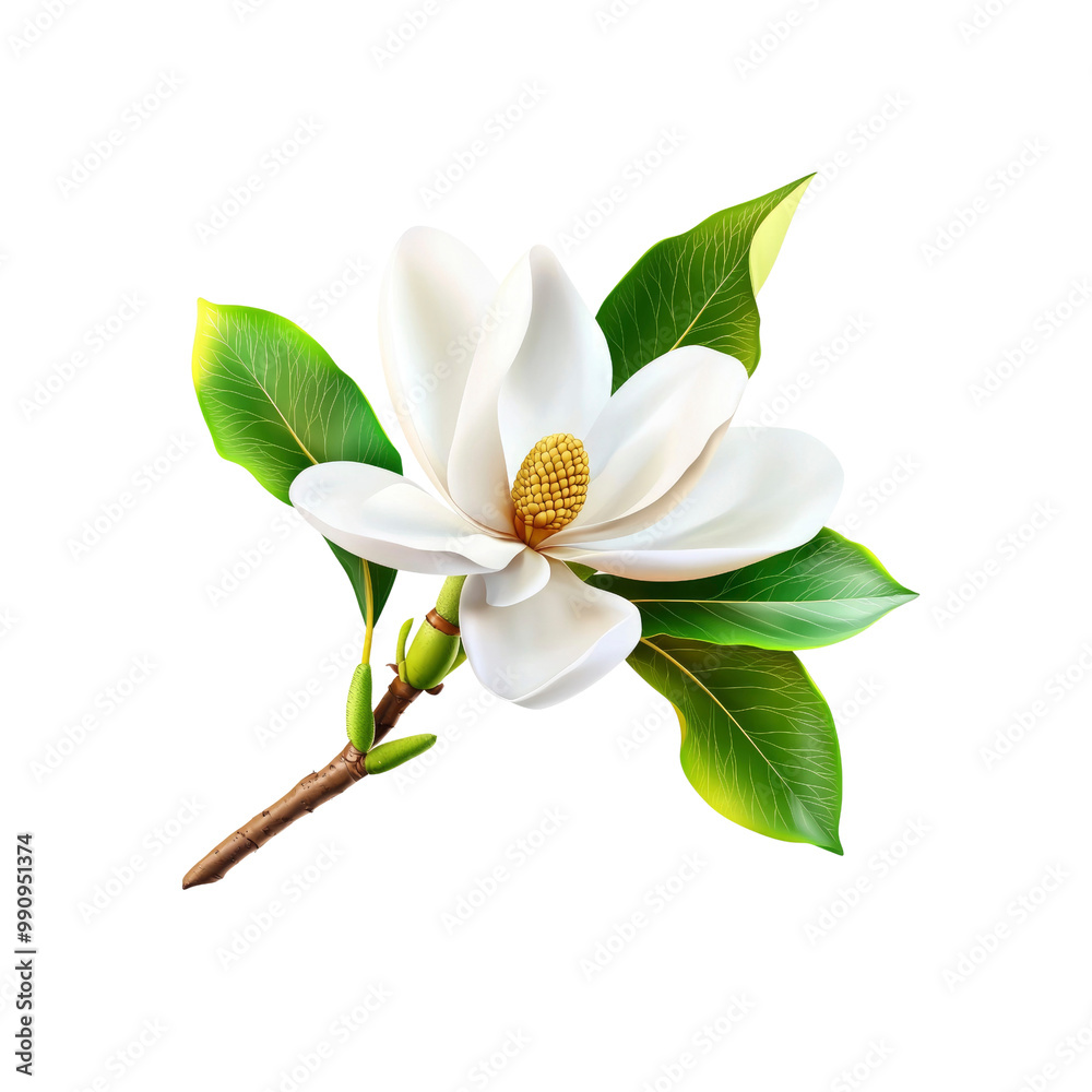 Obraz premium Single White Magnolia Flower with Green Leaves Isolated on White Background