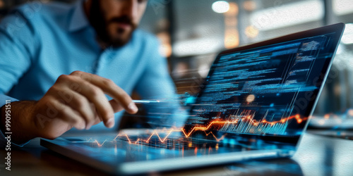 Focused Programmer:  A bearded man intensely focused on his laptop screen, lines of code and data visualizations illuminating his work.