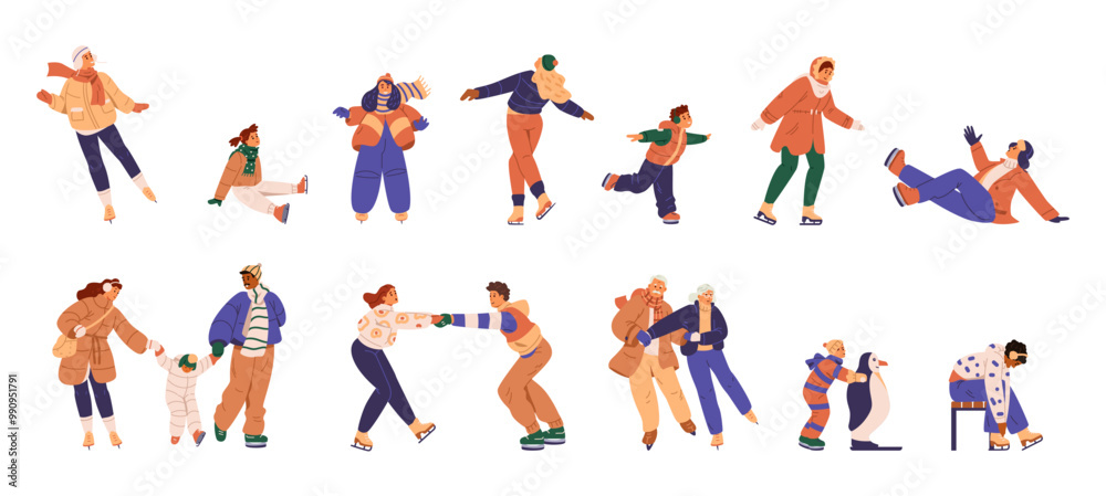 Different people in outwear ice skating in winter flat vector illustrations set isolated on white. Families, singles, elderly, couples, kids, different races people having fun on ice rink. Winter outd Different people in outwear ice skating in winter flat vector illustrations set isolated on white. Families, singles, elderly, couples, kids, different races people having fun on ice rink. Winter outd