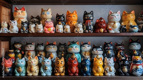 Charming display of various colorful and whimsical Maneki Neko cat figurines each with unique expressions artfully arranged on a rustic wooden shelf creating a lively and inviting atmosphere