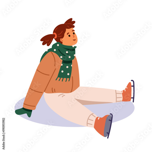 Cute girl in skates and outwear sitting on ice flat vector illustration isolated on white.