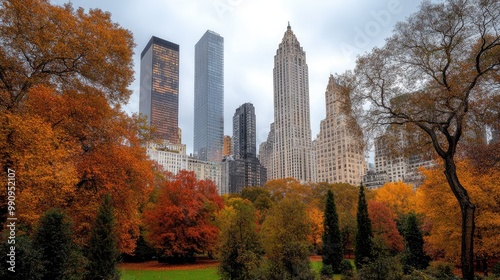 Bright orange and red maple leaves frame the view of tall skyscrapers, highlighting nature's beauty within the urban landscape as the clear sky provides a serene backdrop.