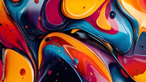 Vibrant and layered 2D abstract background with fluid shapes and bold contrasts, hyper-real, sharp images