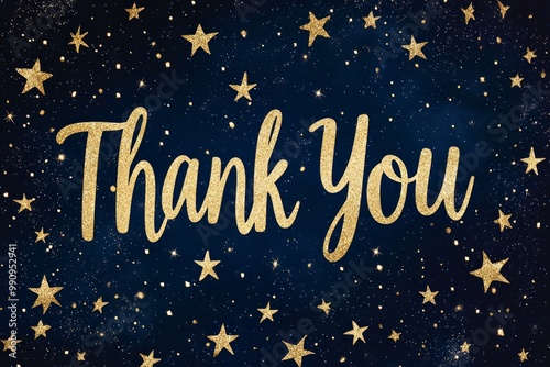 "Thank You" written in elegant gold script on a deep navy background, with subtle stars twinkling in the corners 