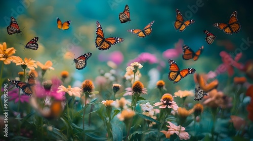 Captivating scene of a garden filled with various species of colorful butterflies fluttering among a diverse array of blooming flowers showcasing the beauty and movement of nature in a lush