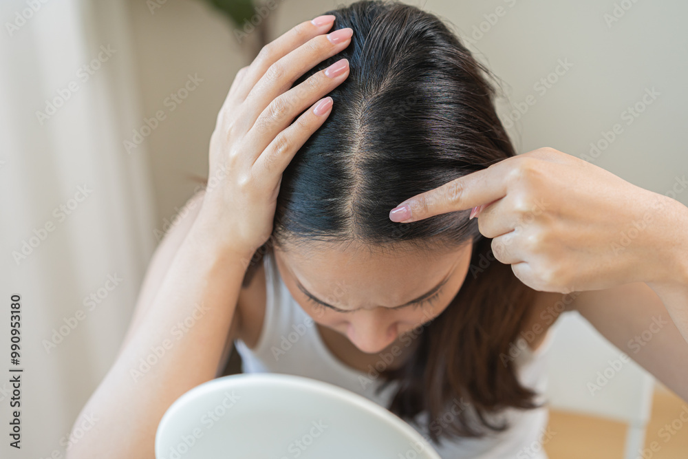 Naklejka premium Damaged Hair symptom, face serious asian young woman, girl worry about balding, looking at scalp in mirror, hand in break into front hair loss, thin problem. Health care treatment for beauty concept.