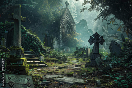 Old cemetery scene with ancient stones, crosses, and tombs along a path to a mysterious crypt