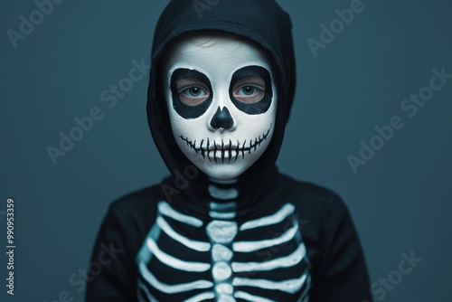 Close-up of a child dressed as a skeleton, glowing bones on the costume, eerie yet playful, Halloween night, soft shadows