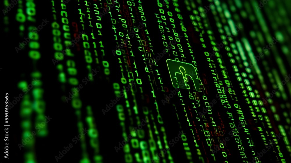Abstract digital backdrop with green binary code on black, symbolizing data processing. Abstract digital backdrop with green binary code on black, symbolizing data processing.