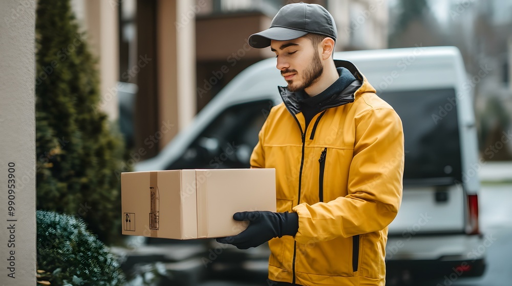 Delivery person in yellow jacket holding package outside modern building. Delivery person in yellow jacket holding package outside modern building.