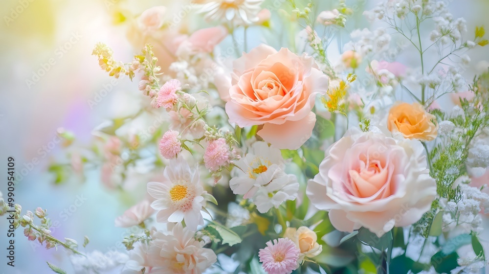 Fototapeta premium Soft focused photograph showcasing a beautifully arranged bouquet of colorful flowers with delicate petals and lush greenery