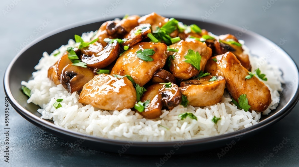 Chicken and mushroom over white rice dish Chicken and mushroom over white rice dish