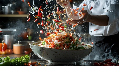 A dynamic photograph capturing a chef skillfully tossing a large bowl of the iconic Thai som tam salad with chilies flying through the air showcasing the energy excitement