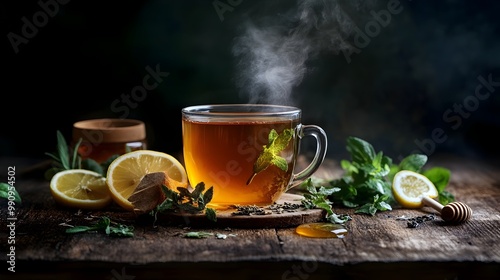 Steaming cup of aromatic herbal tea placed on a rustic wooden table surrounded by fresh herbs lemon slices and a drizzle of honey evoking a sense of warmth comfort and natural wellness
