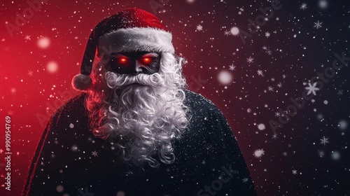 Low-angle view of a sinister Santa Claus, cloaked in black with glowing red eyes, surrounded by dark snowflakes and dim mist, photorealistic, intense contrast, night-time setting