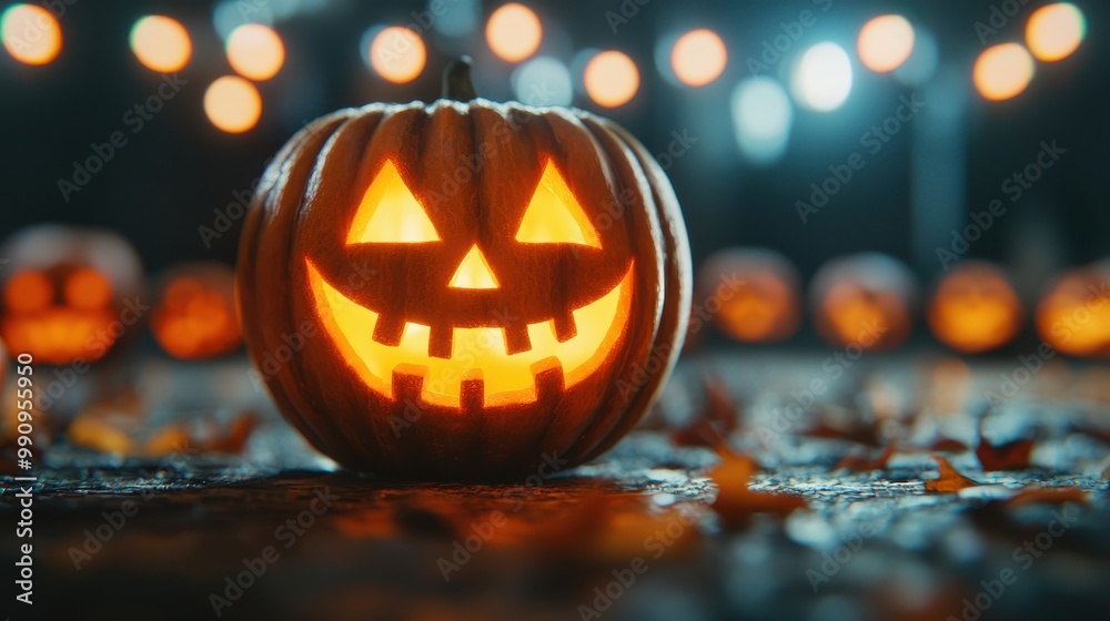 Glowing jack-o'-lantern surrounded by festive Halloween decor, close-up, warm lighting, soft shadows, cheerful celebration, closes up Glowing jack-o'-lantern surrounded by festive Halloween decor, close-up, warm lighting, soft shadows, cheerful celebration, closes up