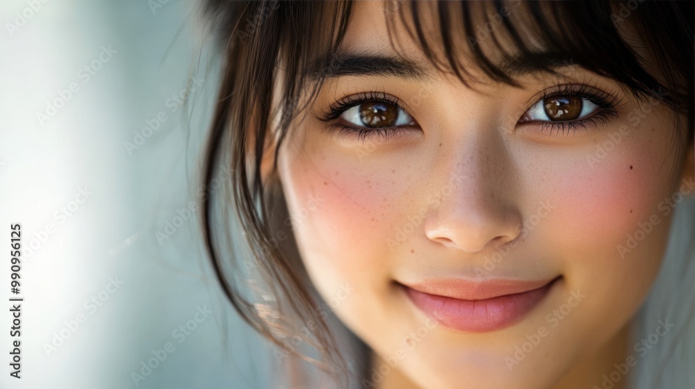 A close-up of a cute Japanese model with a gentle smile, her eyes sparkling with happiness A close-up of a cute Japanese model with a gentle smile, her eyes sparkling with happiness