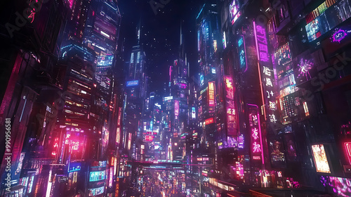 background with a anime cityscape featuring tall buildings, neon lights, and bustling streets