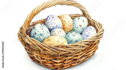 A woven basket filled with colorful bird eggs resting on a white surface, showcasing various natural patterns and hues