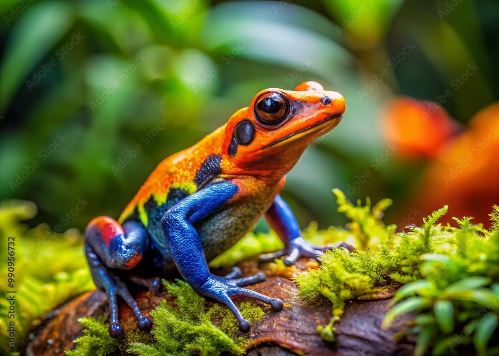 With deliberate grace, this vibrant amphibian pauses mid-stride, its radiant coloration mirrored against the lush With deliberate grace, this vibrant amphibian pauses mid-stride, its radiant coloration mirrored against the lush