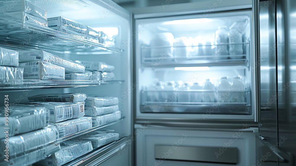 Obraz premium Open Refrigerator with Food and Drinks Inside