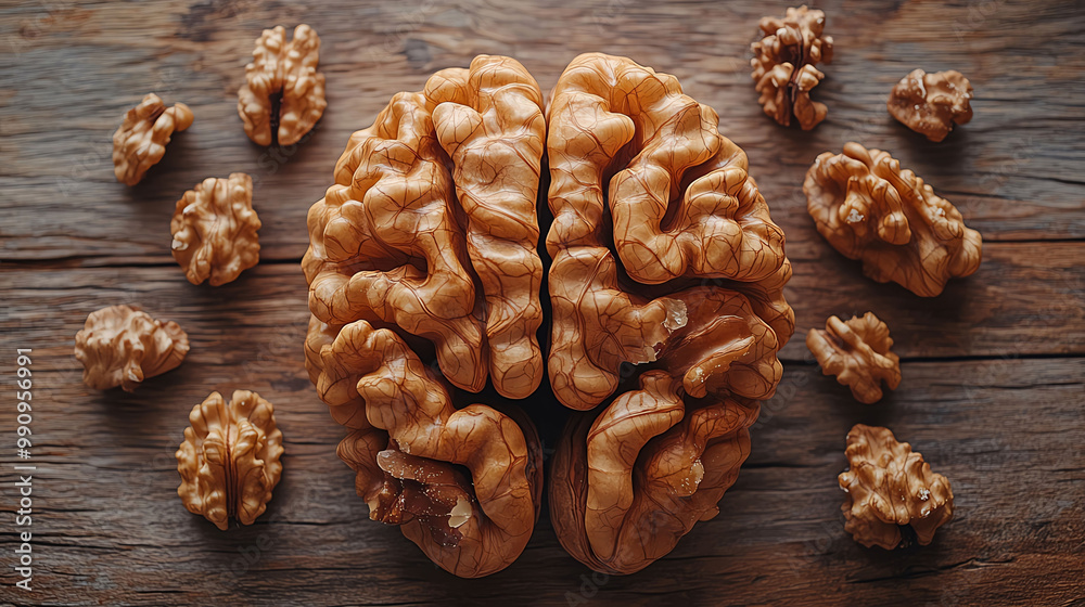 Walnut Brain on Wooden Background Healthy Food Brainpower Nut Shell Walnut Brain on Wooden Background Healthy Food Brainpower Nut Shell