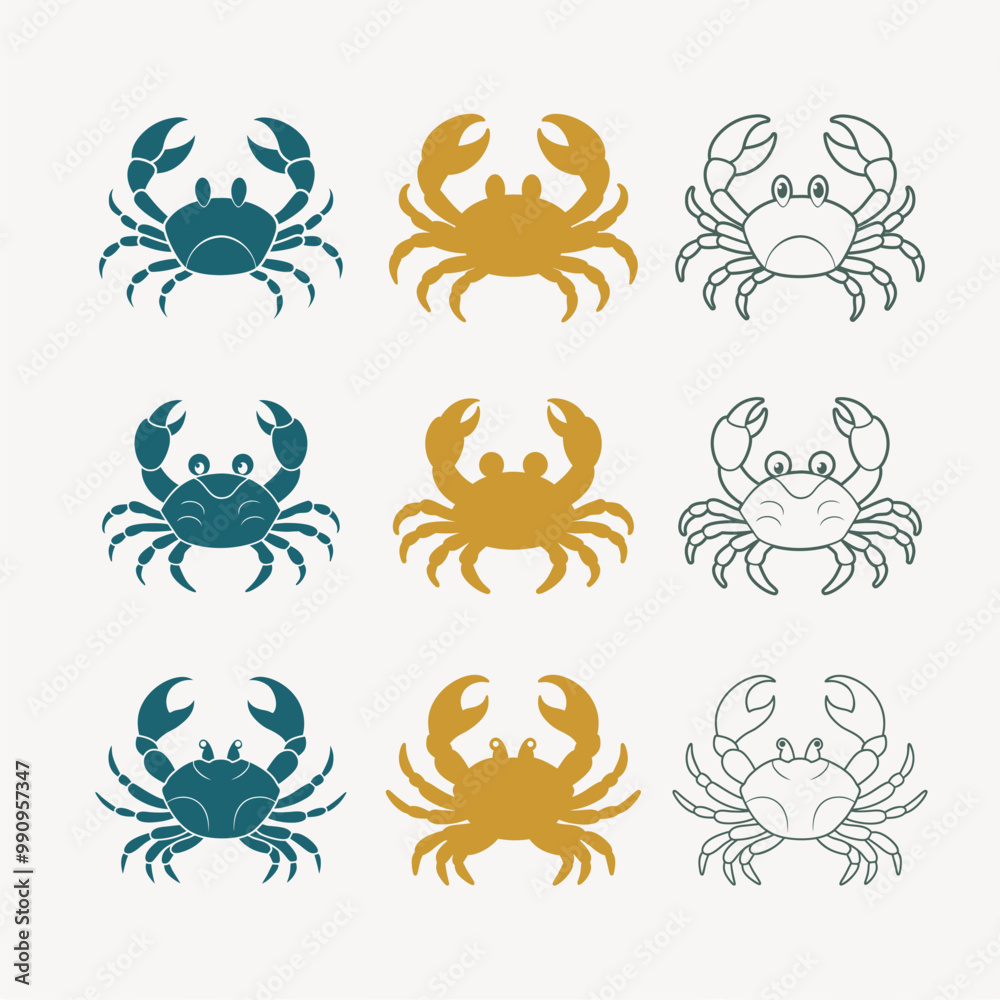 Obraz premium Crab icons set. Seafood shop logo, signboard, restaurant menu, fish market, banner, poster design template. Fresh seafood or shellfish product. Flat design