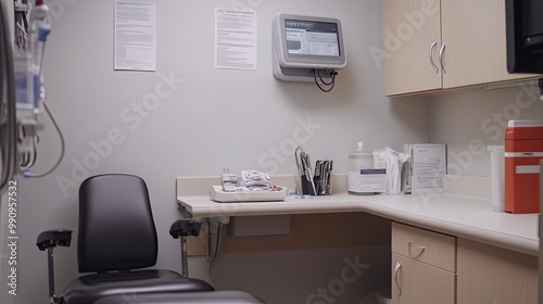 Serene Empty Doctor's Office with Clean Desk, Neatly Arranged Medical Instruments, and Empty Chair, Reflecting a Calm Healthcare Ambiance