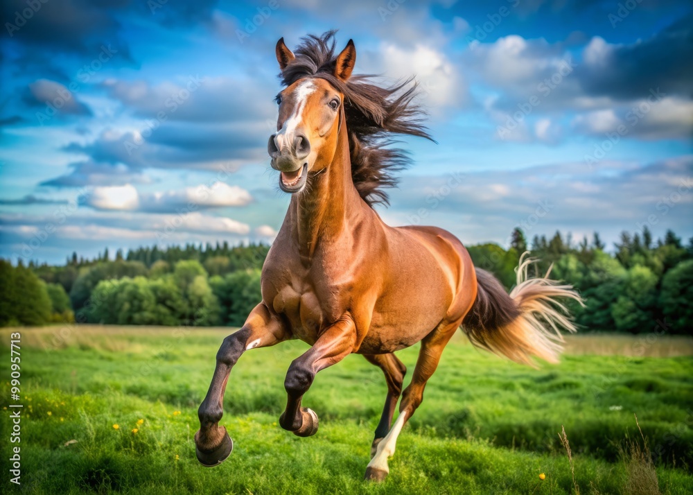 With its ears flapping playfully, a comical horse canters across the meadow, its tail swishing like a metronome, With its ears flapping playfully, a comical horse canters across the meadow, its tail swishing like a metronome,