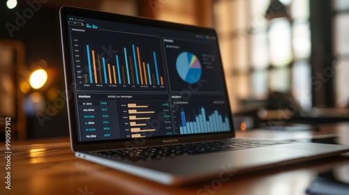 Business analysis and analytics online through the application on a laptop. Dashboard app with business analytics data, charts, investment, trade and finance management 