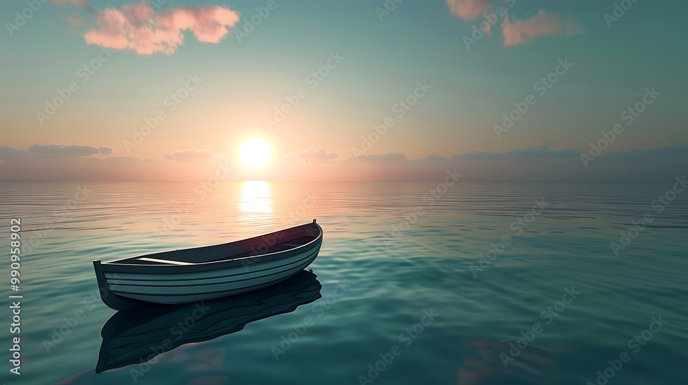 Beneath a full the sun a lonely lifeboat swims on a serene ocean Beneath a full the sun a lonely lifeboat swims on a serene ocean