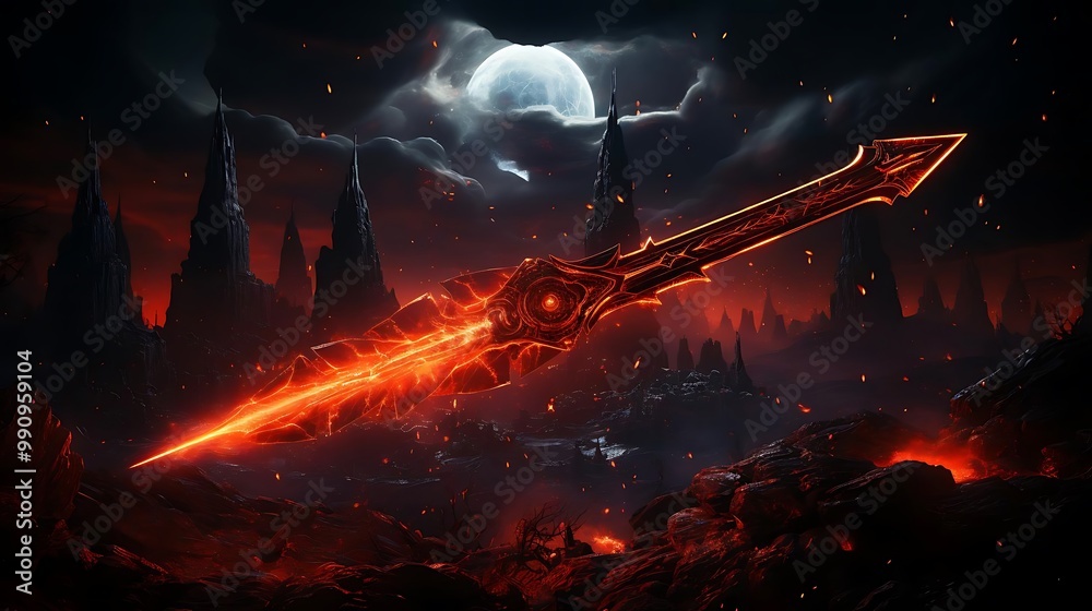 A fiery, mystical spear in a dark, volcanic landscape under a full moon. A fiery, mystical spear in a dark, volcanic landscape under a full moon.