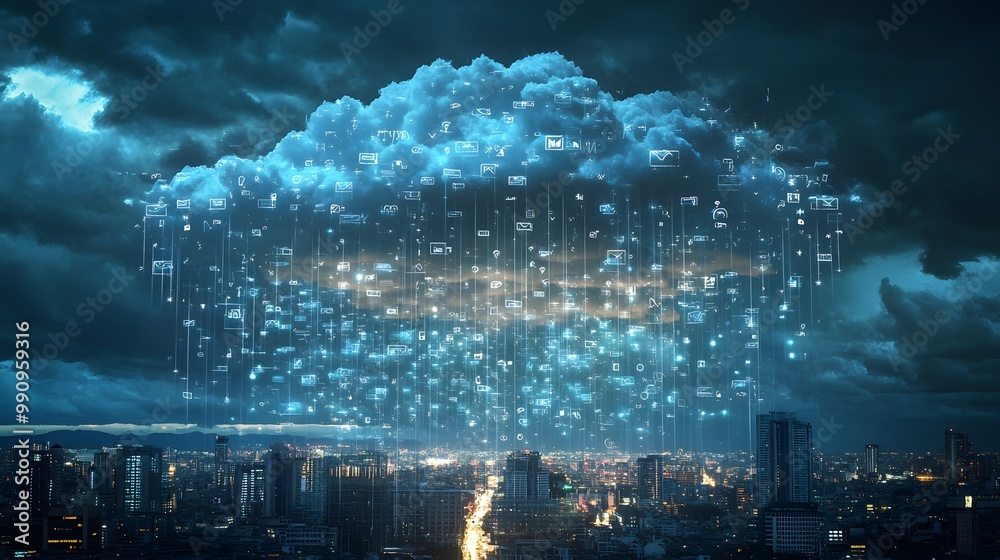 A digital storm in the sky, with glowing clouds made of notifications and emails raining down onto the city below.
