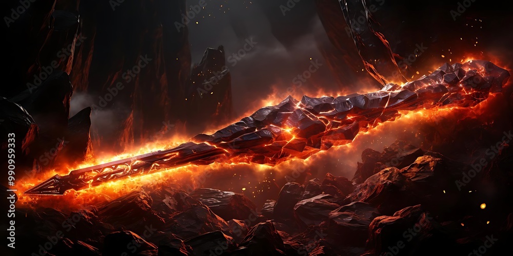 Fototapeta premium A fiery, volcanic sword embedded in a rocky landscape, exuding an intense glow.