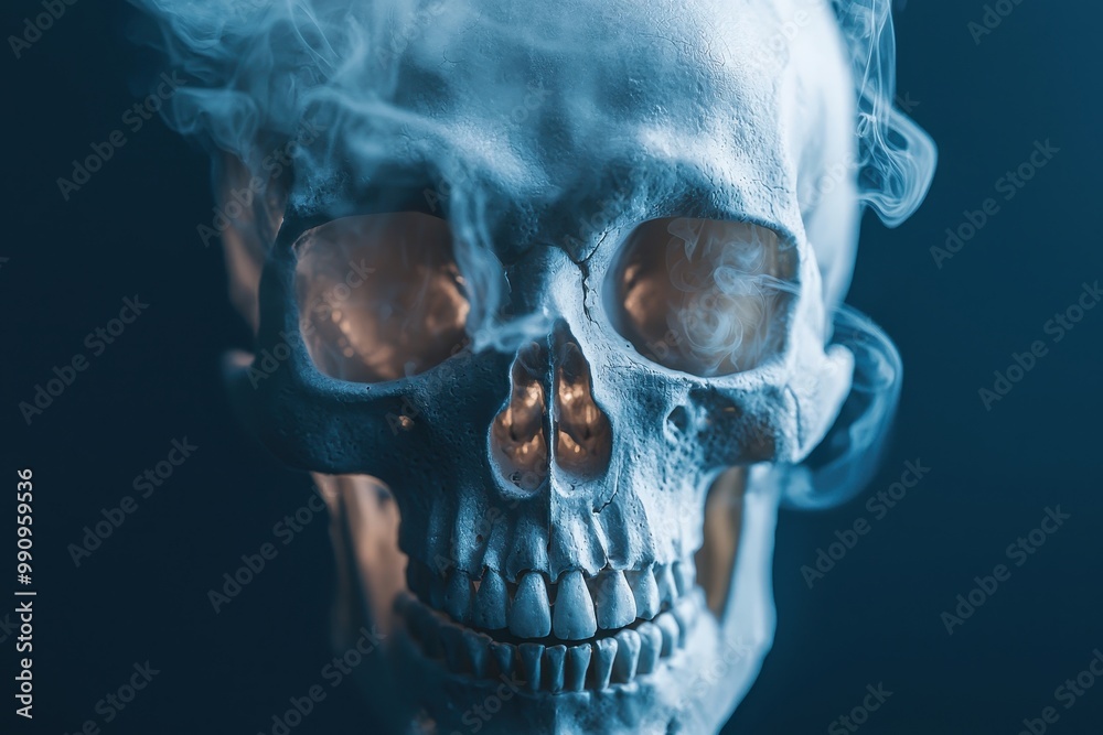 Ghostly skull with glowing cracks and mist seeping through, close-up, horror, dark and eerie, soft glowing highlights, closes up Ghostly skull with glowing cracks and mist seeping through, close-up, horror, dark and eerie, soft glowing highlights, closes up