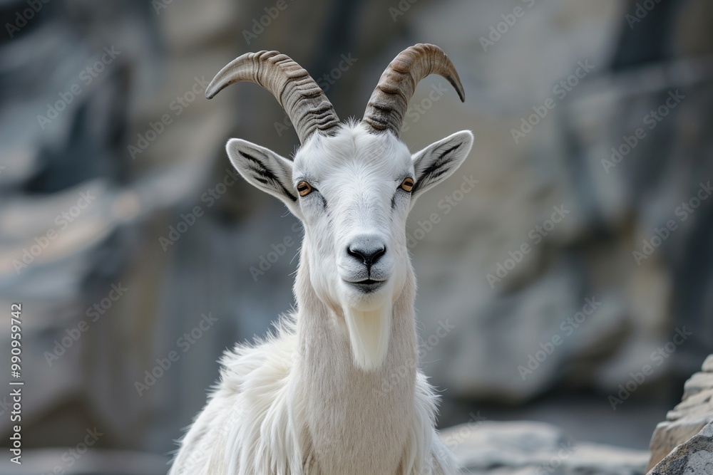 Obraz premium Mountain goat with a high rocky mountain background