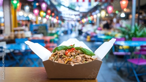 A takeout container with delicious stir-fried noodles and shrimp sits on a table in a bustling outdoor market. photo