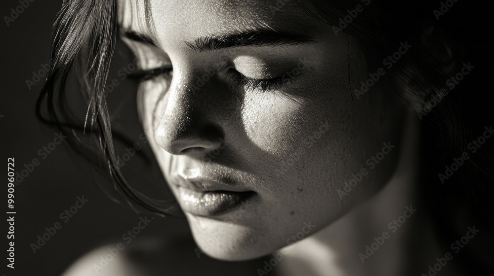 A female beauty in an artistic, monochrome portrait, her face softly lit, capturing an expression of serene introspection A female beauty in an artistic, monochrome portrait, her face softly lit, capturing an expression of serene introspection