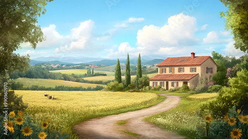 background with a charming rural retreat, featuring a cozy farmhouse, rolling fields, and a peaceful, romantic countryside