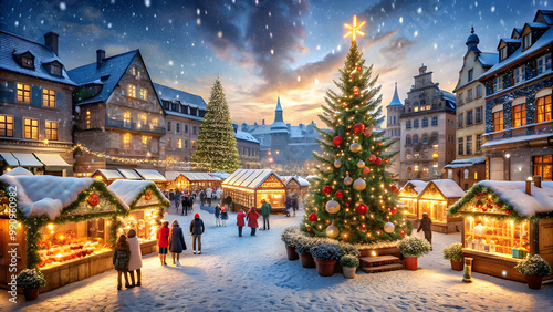 Christmas market with a huge Christmas tree in the city square