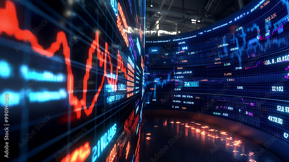 Charming background with a large digital display showing real-time stock market trends and financial data Charming background with a large digital display showing real-time stock market trends and financial data