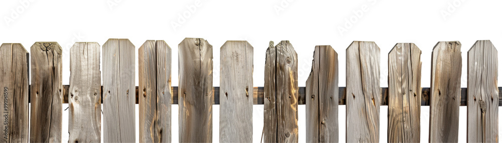 Obraz premium A wooden fence with a rustic appearance, showcasing varying textures and colors of wood.