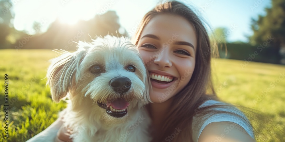 Lovely woman and her pet dog posing together Lovely woman and her pet dog posing together