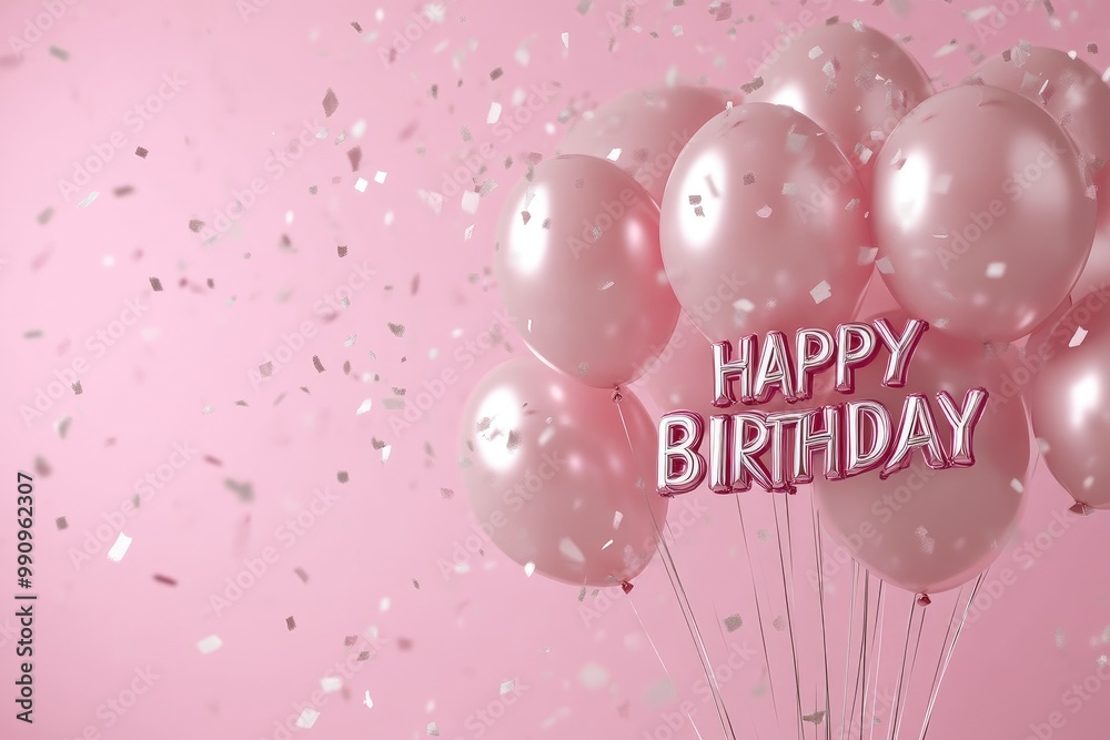 Festive Birthday Greeting: Pink Foil Balloons on Soft Background Festive Birthday Greeting: Pink Foil Balloons on Soft Background