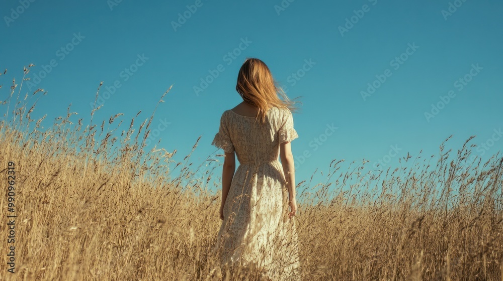 A girl with fair skin in a light, flowy dress, walking through a field of tall grass under a clear blue sky A girl with fair skin in a light, flowy dress, walking through a field of tall grass under a clear blue sky