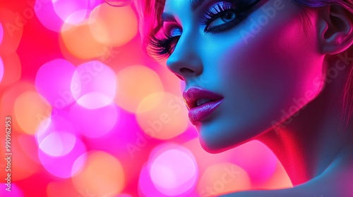 A glamorous girl with a dramatic hairstyle and makeup, photographed against a vibrant, neon-lit background