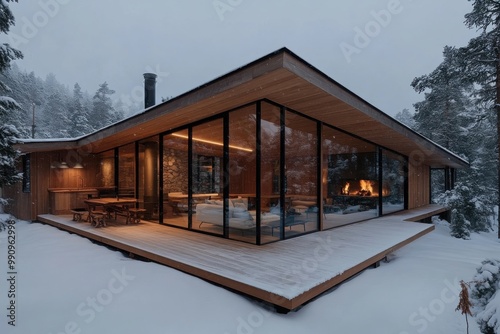 An expansive, contemporary cabin with floor-to-ceiling glass walls sits amidst a snow-covered landscape, showcasing a warm and welcoming interior and inviting atmosphere.