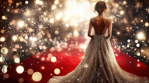 A glamorous model in a dazzling evening dress, surrounded by sparkling lights on a red carpet event