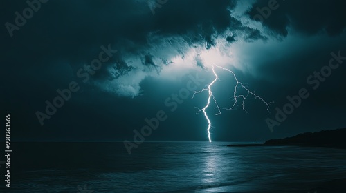 Powerful Lightning Storm Over Ocean at Night, Natural Phenomenon, Raw Energy, Weather Extremes, Sea and Sky Collision