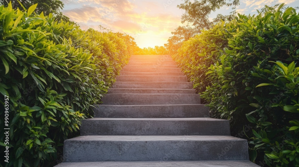 Concrete Steps Leading Upward Through Lush Greenery Towards a Bright Horizon, Representing Growth, Progress, and Success Concrete Steps Leading Upward Through Lush Greenery Towards a Bright Horizon, Representing Growth, Progress, and Success